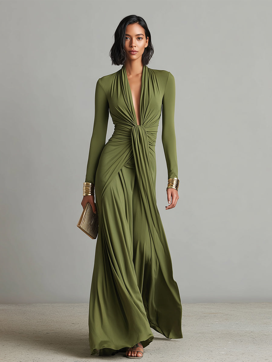 Robe Longue en Soie Élastique Verte Olive avec Décolleté en V Profond et Détails Volants, Robe Maxi Glamour