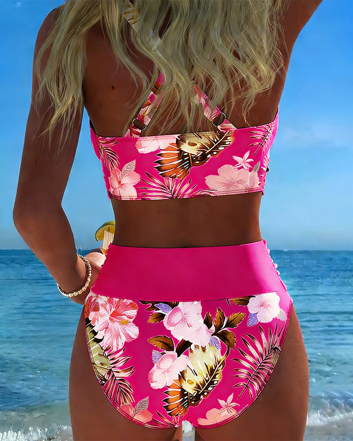 Bikini à imprimé floral contrasté et décolleté