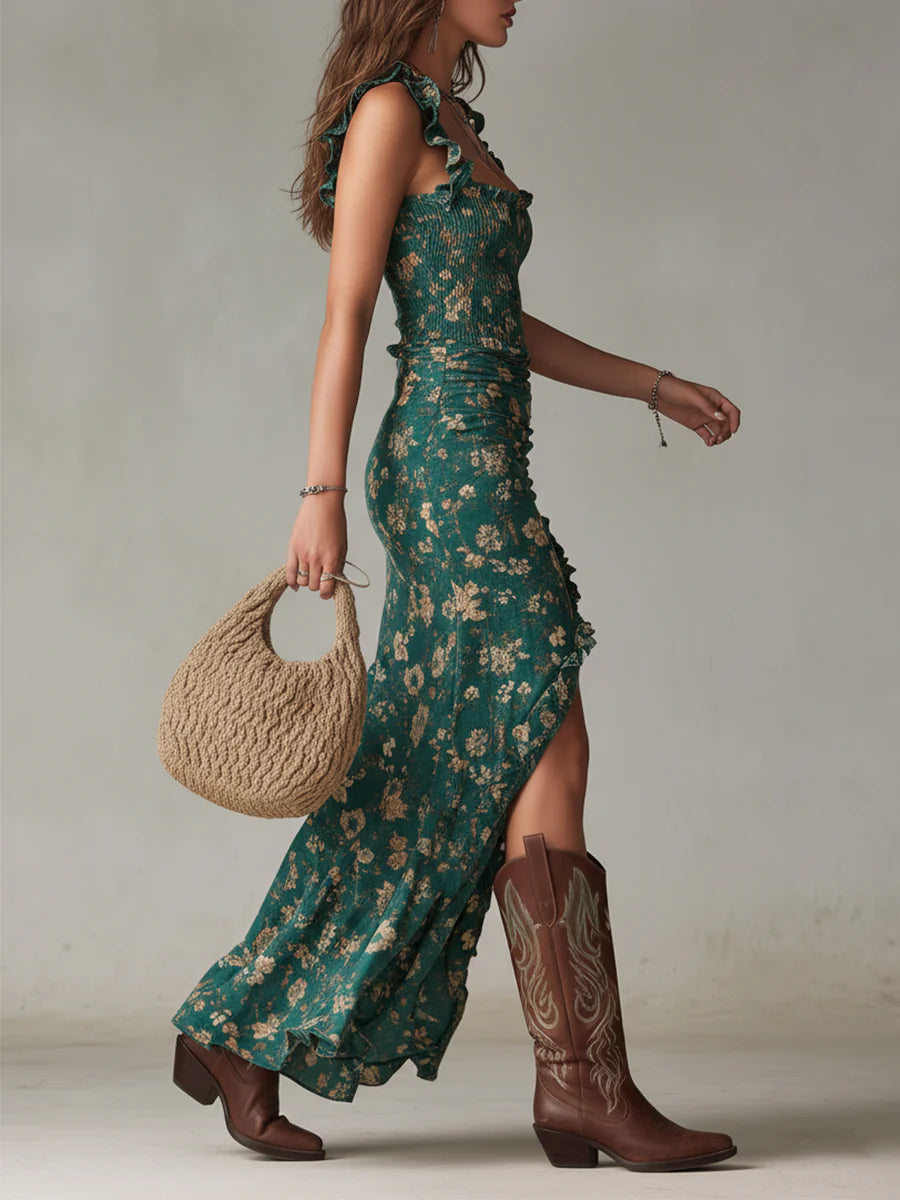 Elara | Robe Fleurie Froncée avec Fente