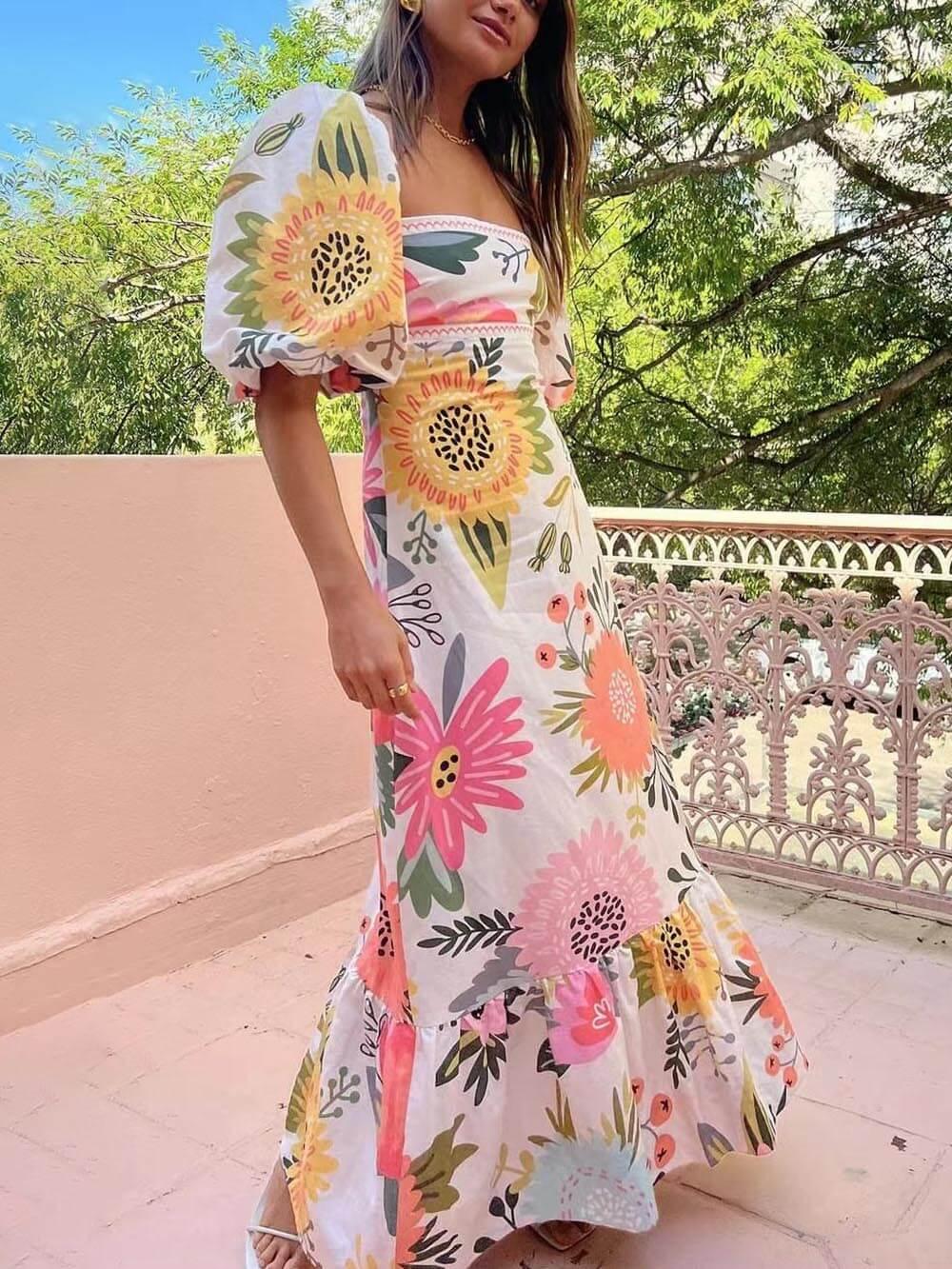 Ivy | Robe Maxi à Imprimé Floral avec Col Carré pour les Vacances