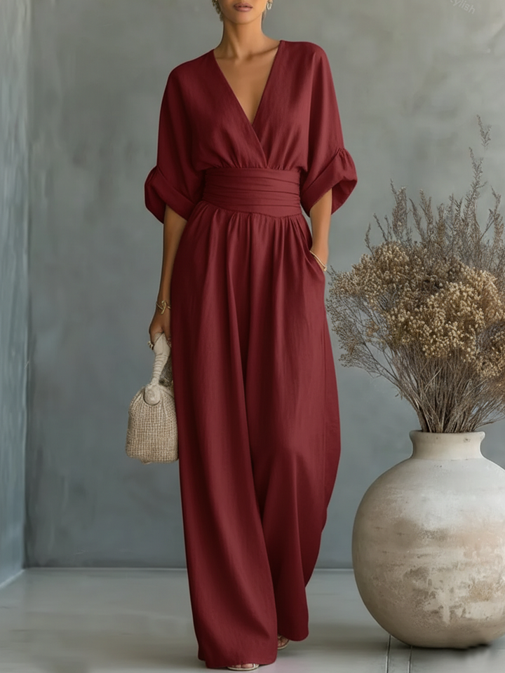 Combinaison Élégante à Col V Taille Haute pour Femmes