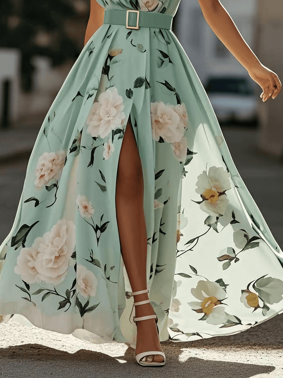 Julie | Robe Maxi à Fleurs Vert Clair à Une Épaule