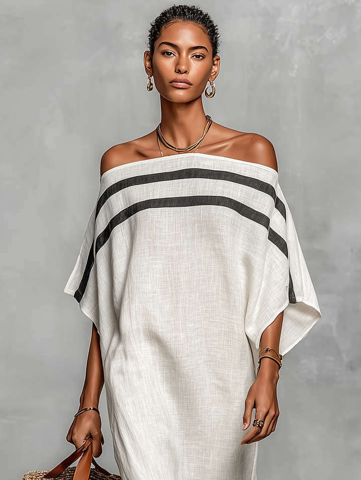 Robe Maxi Minimaliste pour Femmes avec Décolleté Off-the-Shoulder et Manches Chauve-Souris