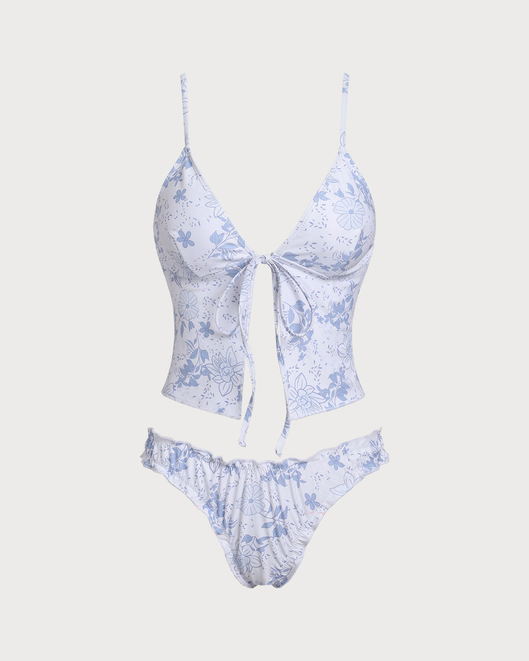 Ensemble de Tankini à Fleurs Bleues avec Nœud à l'Avant