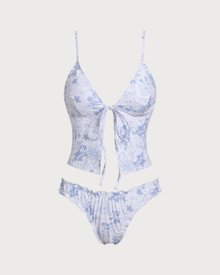 Ensemble de Tankini à Fleurs Bleues avec Nœud à l'Avant