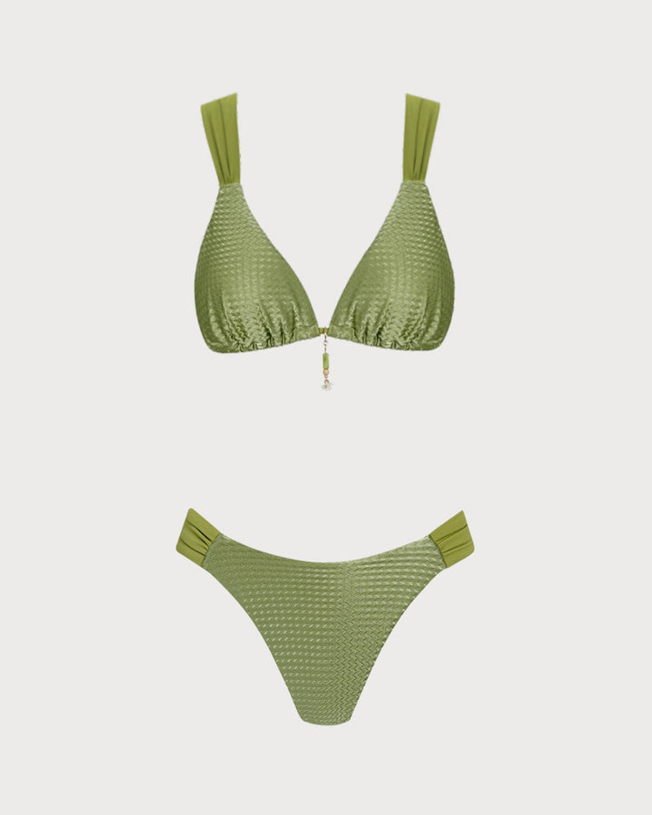 Ensemble de Bikini Texturé Vert à Col V