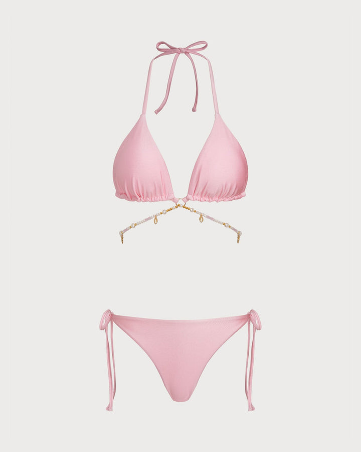Ensemble de Bikini à Dos Nu avec O-Ring et Cordon de Serrage Rose