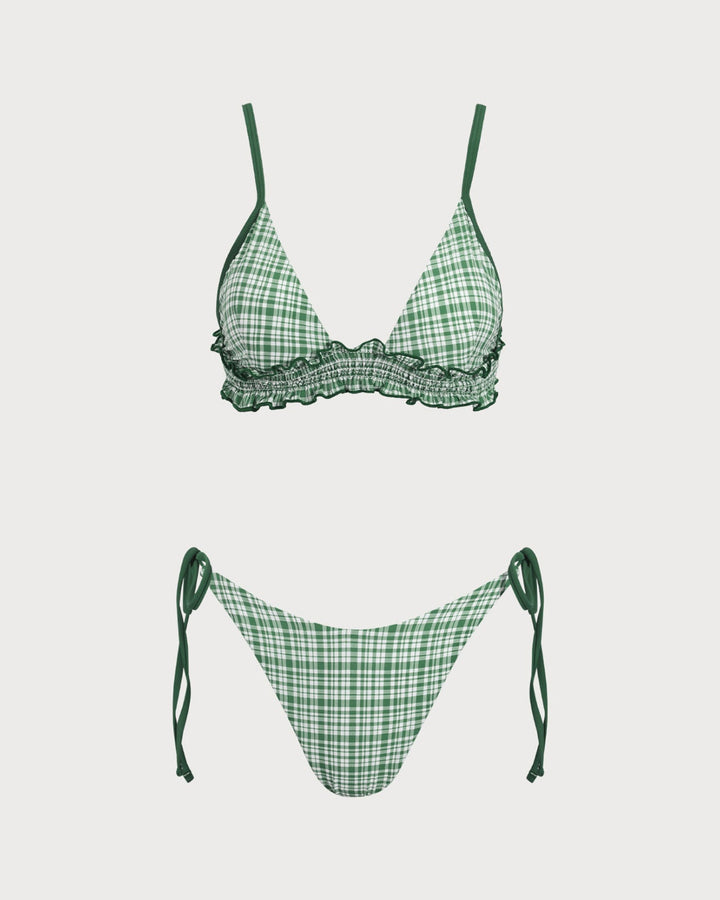 Ensemble de Bikini à Cordons à Carreaux Verts