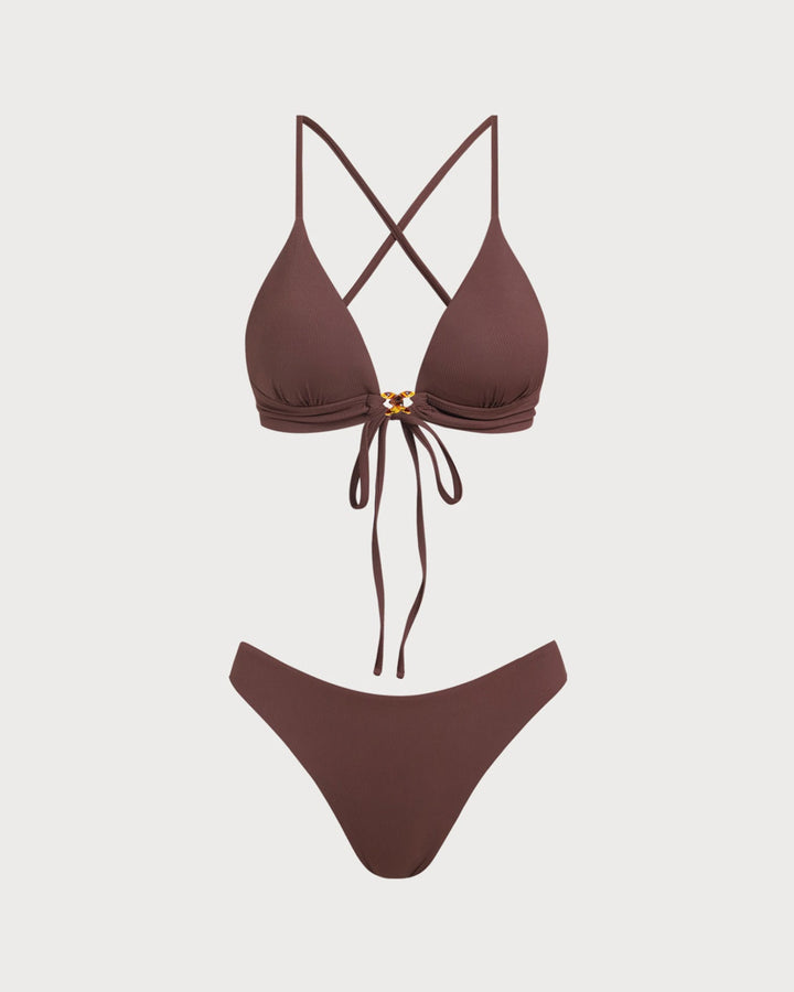 Ensemble de bikini marron à nœud côtelé