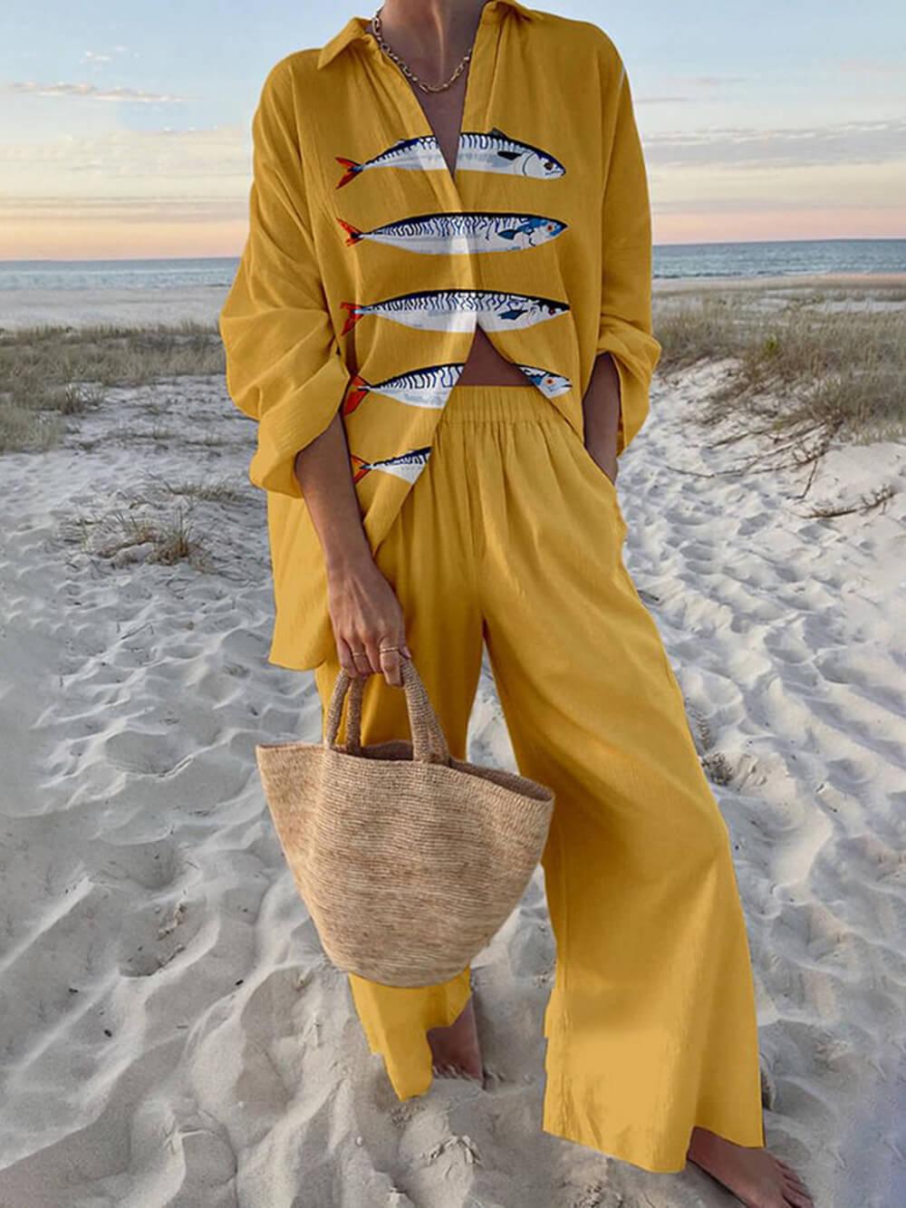 Mae | Ensemble Chemise Oversize à Imprimé Océan Style Insulaire et Pantalons à Taille Élastique avec Poches