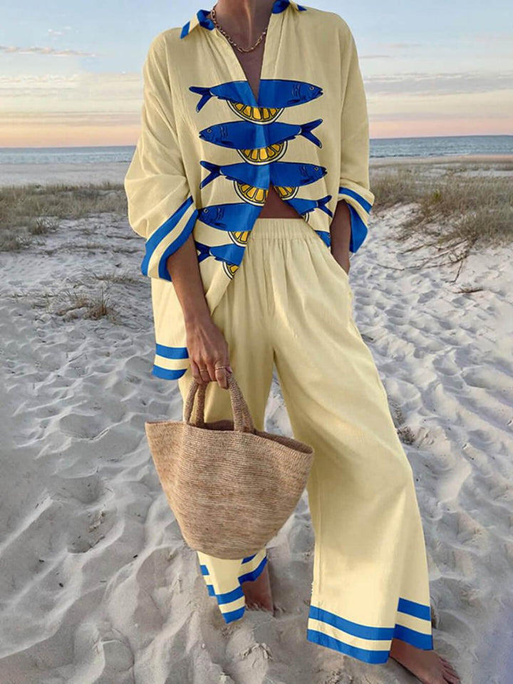 Mae | Ensemble Chemise Oversize à Imprimé Océan Style Insulaire et Pantalons à Taille Élastique avec Poches