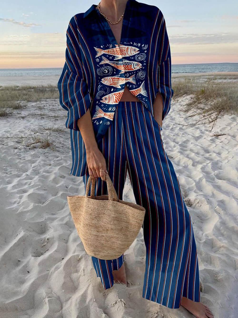 Mae | Ensemble Chemise Oversize à Imprimé Océan Style Insulaire et Pantalons à Taille Élastique avec Poches