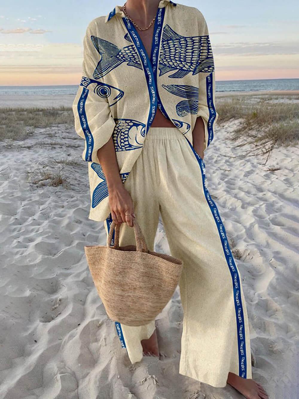 Mae | Ensemble Chemise Oversize à Imprimé Océan Style Insulaire et Pantalons à Taille Élastique avec Poches