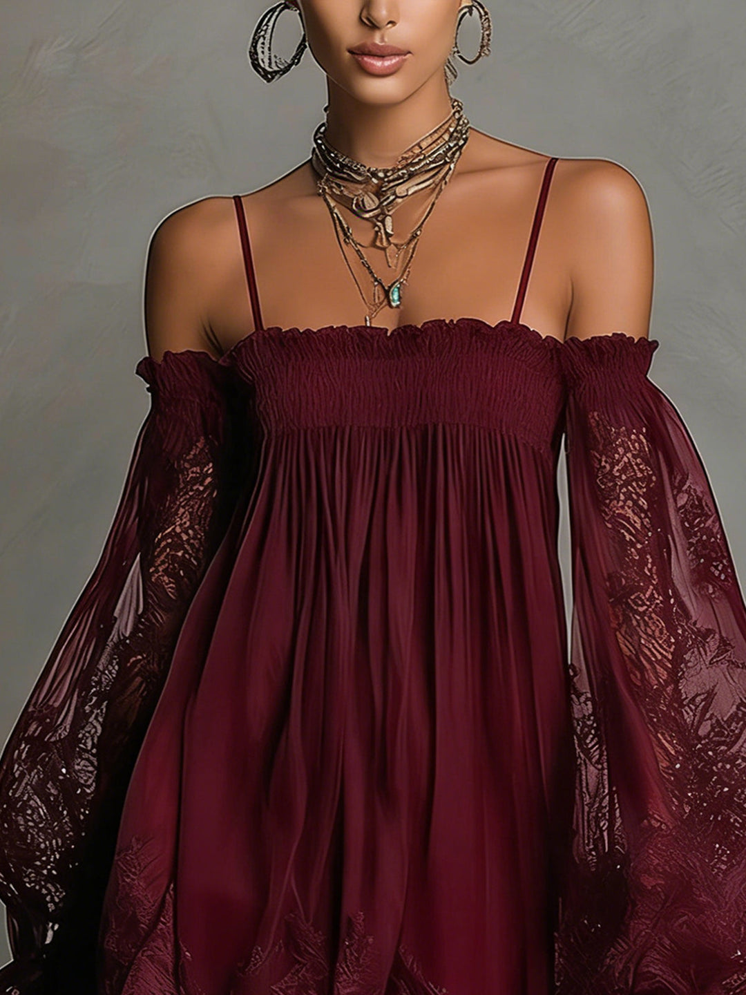 Betty • Robe mini bleu marine avec décolleté off-shoulder, bordure en dentelle et manches transparentes