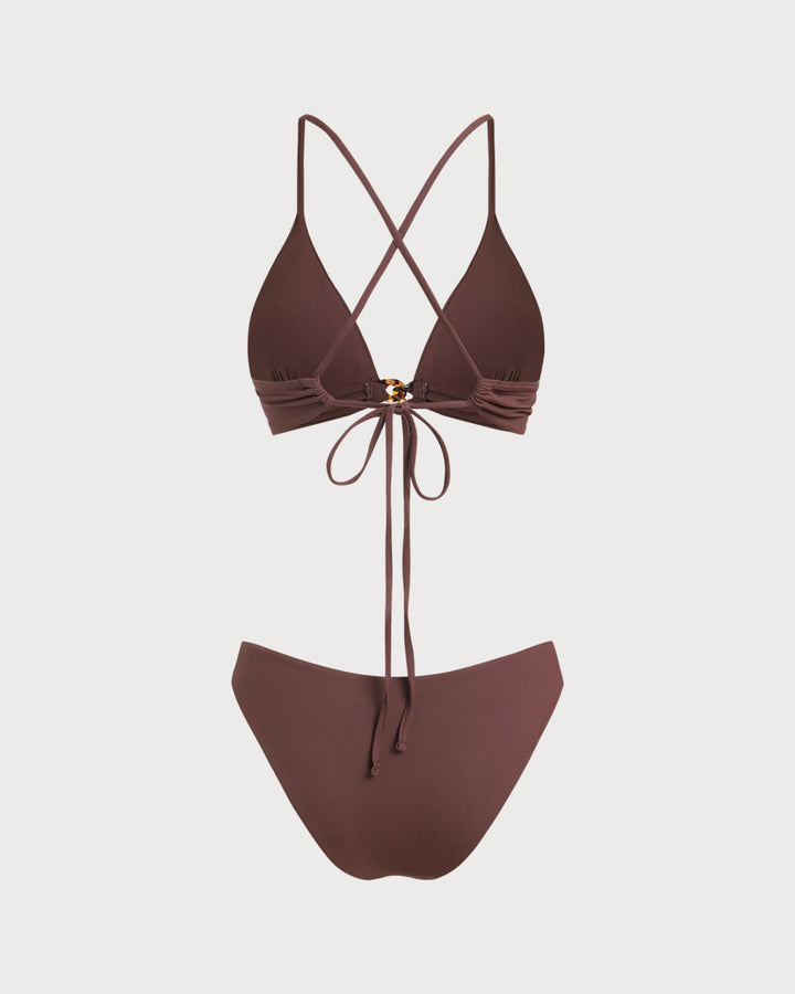 Ensemble de bikini marron à nœud côtelé