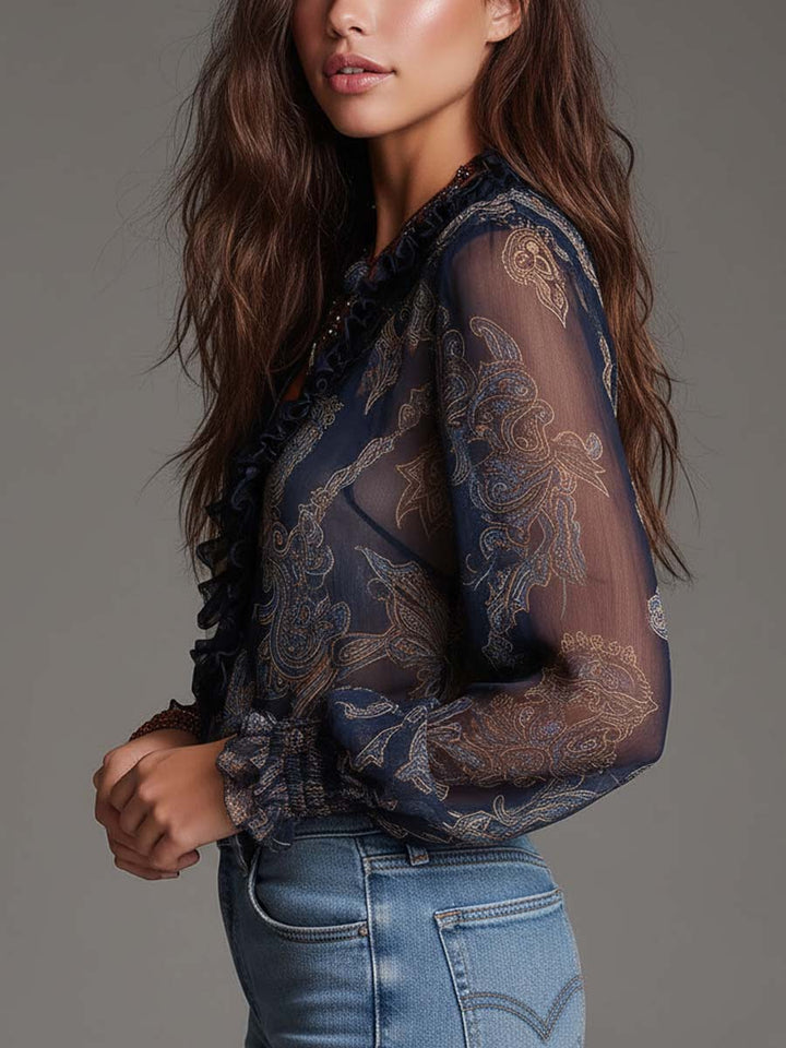 Elise | Blouse en Chiffon à Volants Baroque Paisley Marine