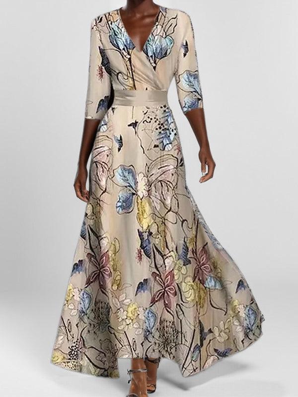 Lea | Robe Maxi Élégante à Manches Mi-Longues Glamour de Bord de Mer