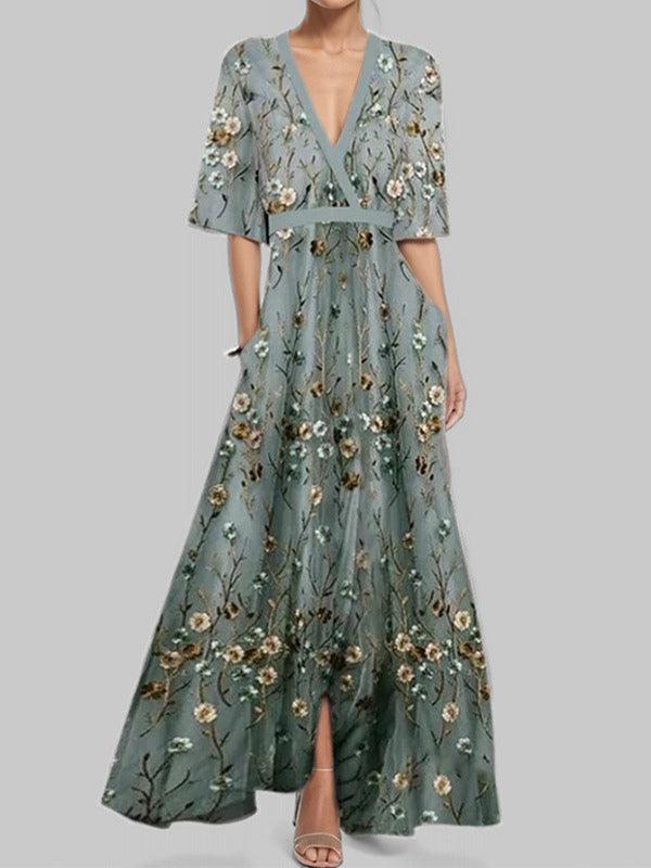Lea | Robe Maxi Élégante à Manches Mi-Longues Glamour de Bord de Mer