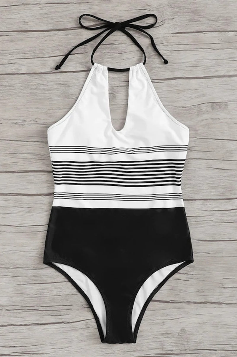 Maillot de Bain Entier à Rayures et Col Halter