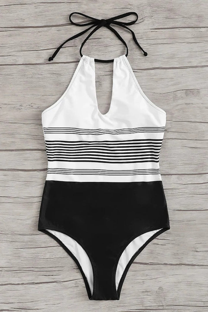 Maillot de Bain Entier à Rayures et Col Halter