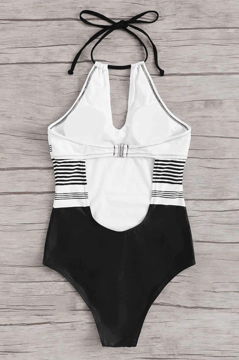 Maillot de Bain Entier à Rayures et Col Halter