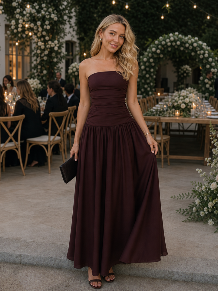 Zelene | Robe Midi Bustier à Corsage Froncé
