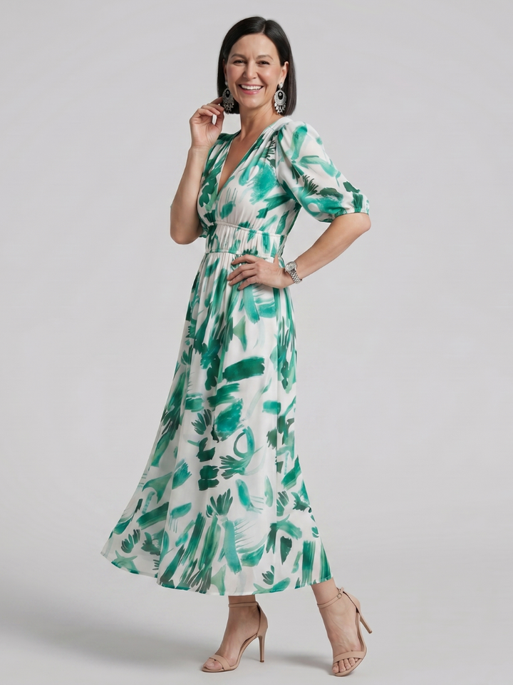Candlia | Robe Midi à Imprimé Abstrait et Manches Bouffantes en V