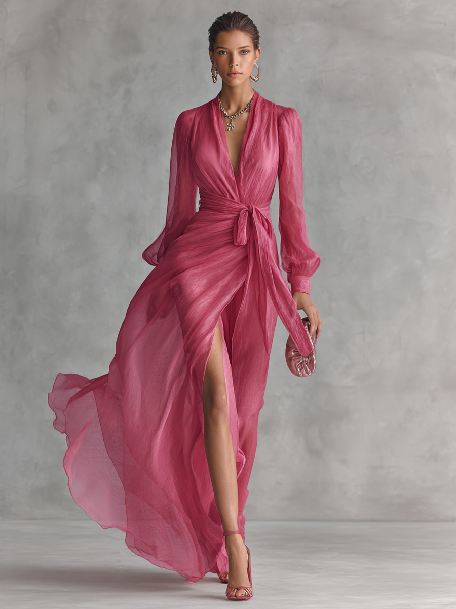 Robe longue rose élégante avec perles et décolleté en V pour femmes