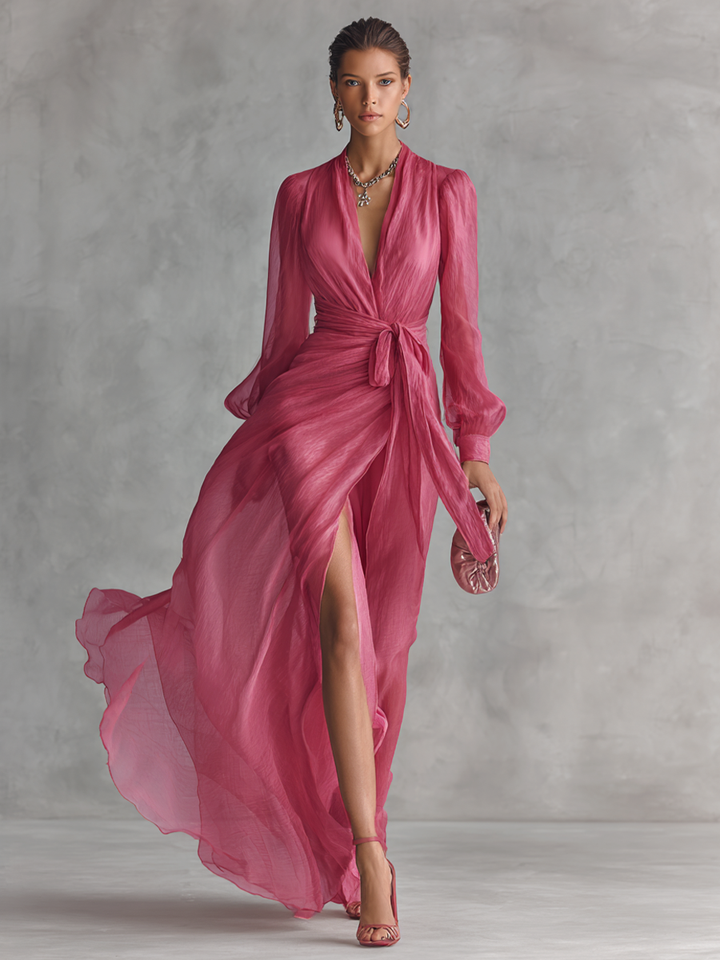 Robe longue rose élégante avec perles et décolleté en V pour femmes