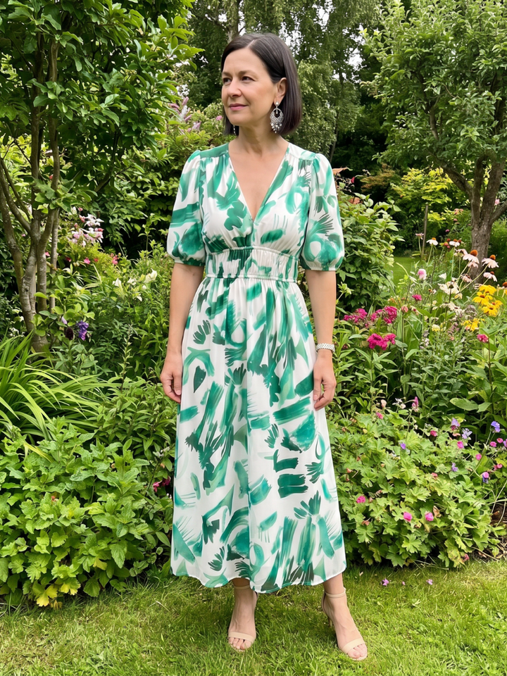 Candlia | Robe Midi à Imprimé Abstrait et Manches Bouffantes en V