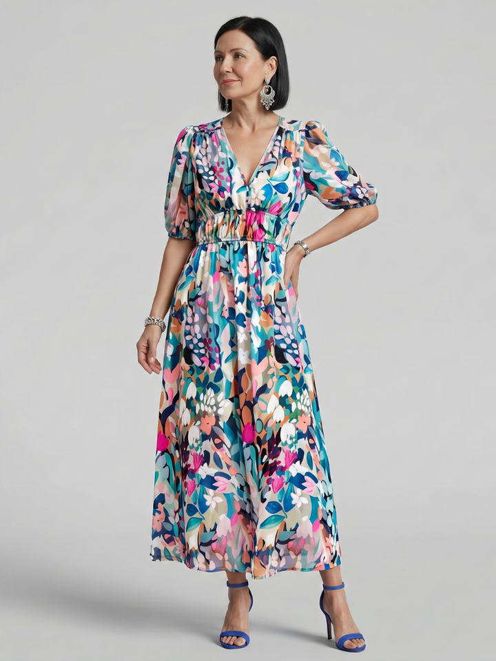 Candlia | Robe Midi à Imprimé Abstrait et Manches Bouffantes en V