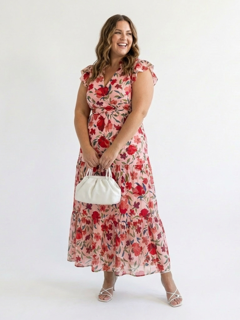 LILA | ROBE MIDI TIERED À COL V FLORAL