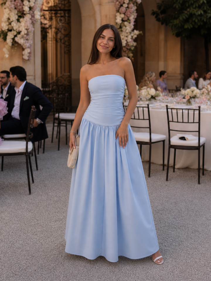 Zelene | Robe Midi Bustier à Corsage Froncé