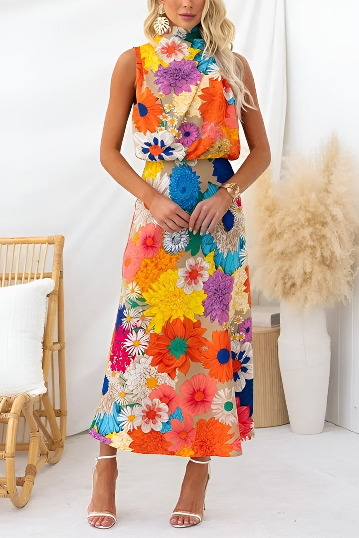 Été | Robe maxi sans manches à nouer avec imprimé floral