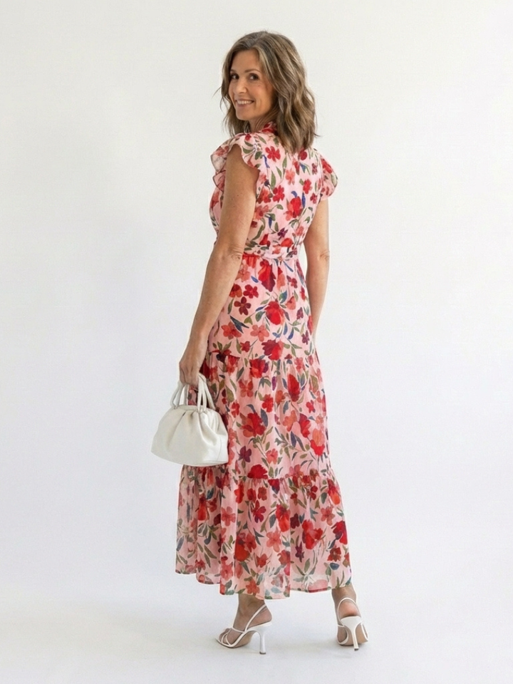 LILA | ROBE MIDI TIERED À COL V FLORAL