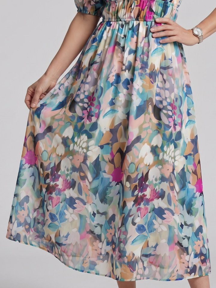 Candlia | Robe Midi à Imprimé Abstrait et Manches Bouffantes en V
