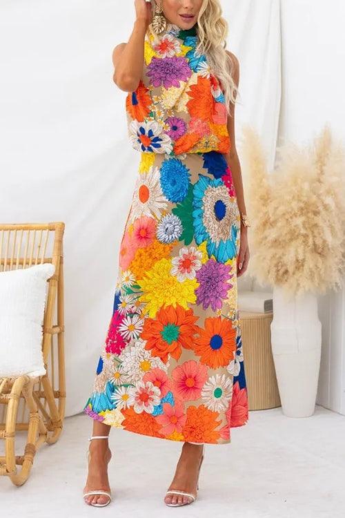 Été | Robe maxi sans manches à nouer avec imprimé floral