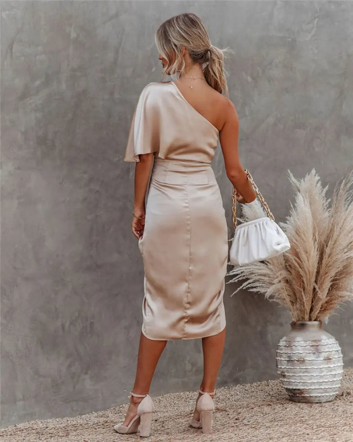 Robe midi asymétrique drapée pour femmes – Cortney