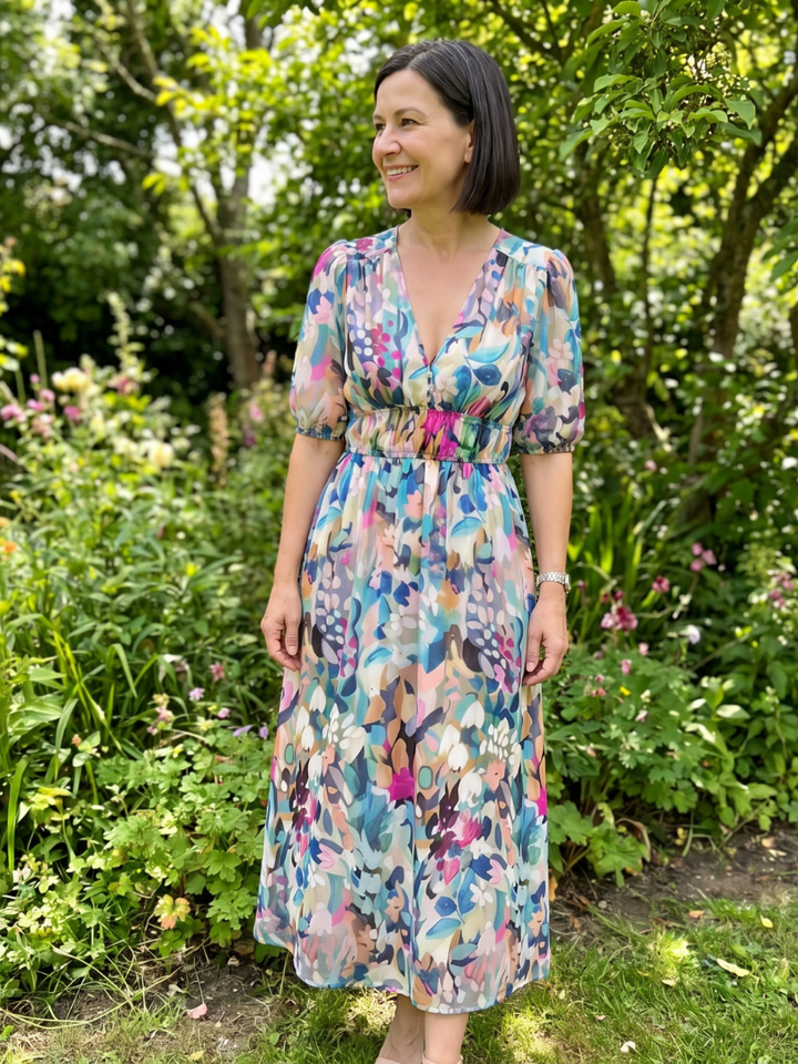 Candlia | Robe Midi à Imprimé Abstrait et Manches Bouffantes en V