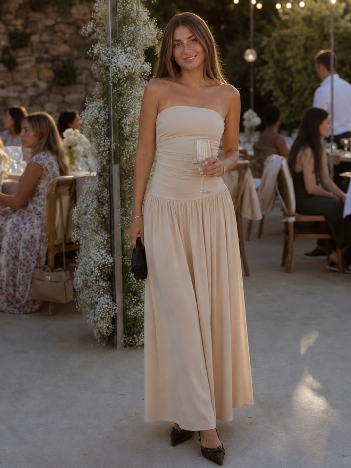Zelene | Robe Midi Bustier à Corsage Froncé