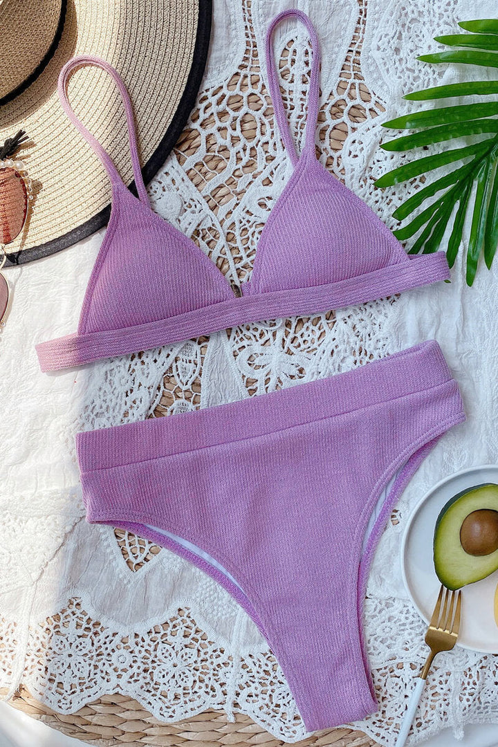 Bikini à Côtes avec Haut Triangle et Culotte Taille Haute
