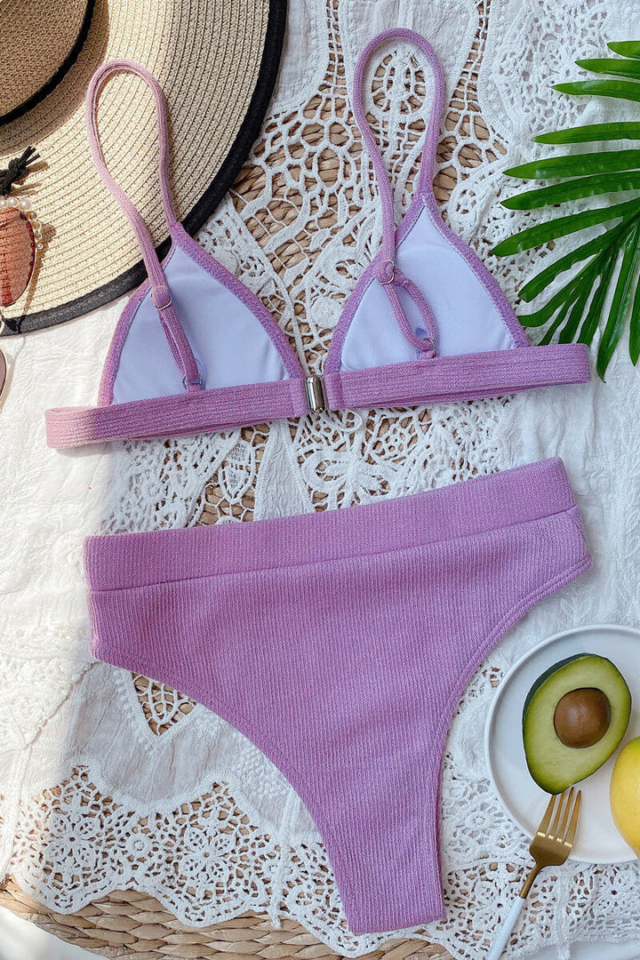 Bikini à Côtes avec Haut Triangle et Culotte Taille Haute