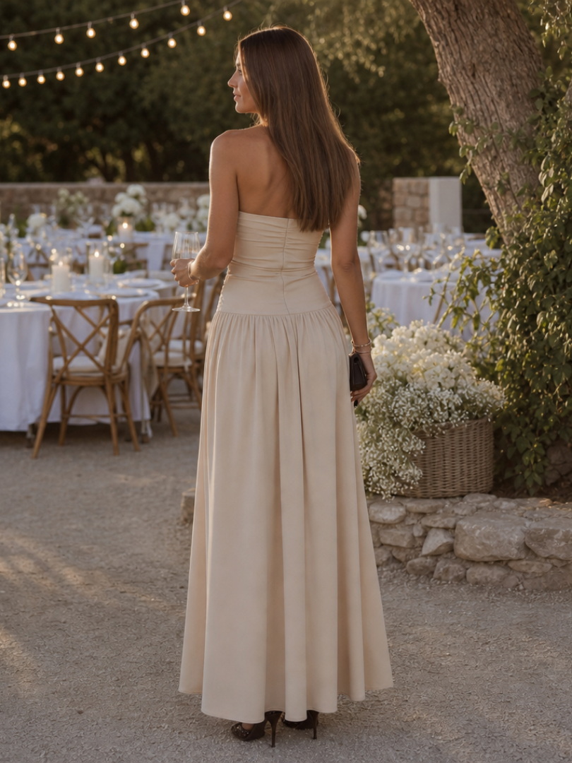 Zelene | Robe Midi Bustier à Corsage Froncé