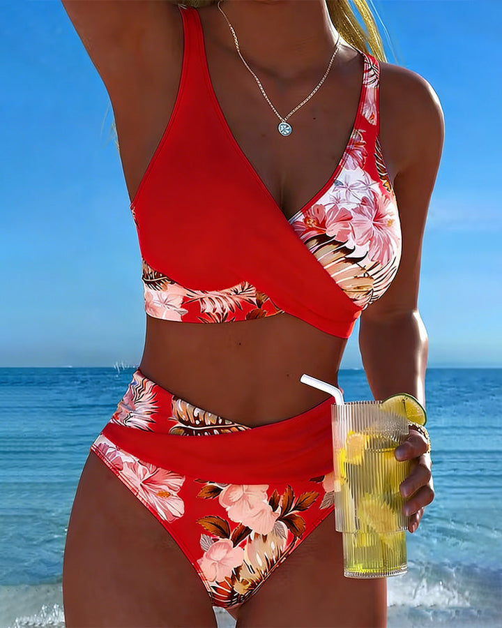 Bikini à imprimé floral contrasté et décolleté