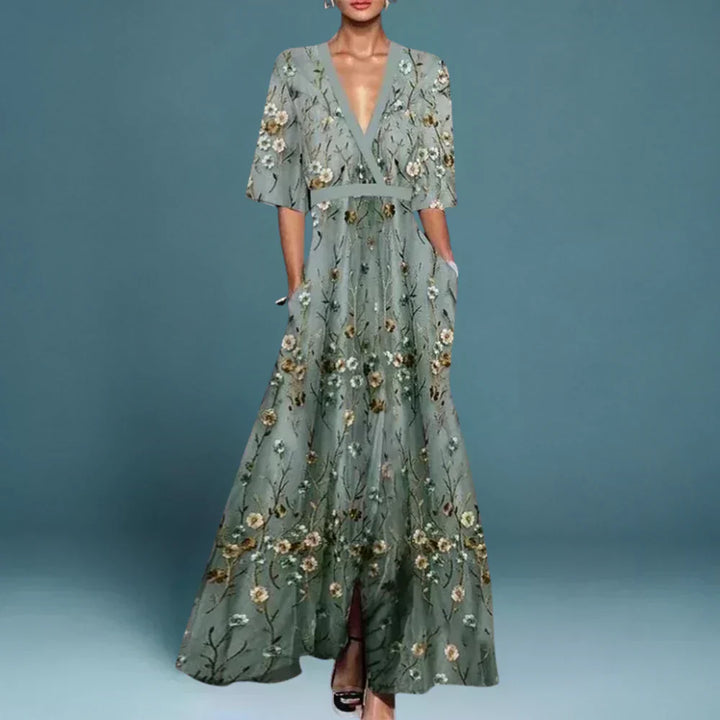 Hazel | Robe Maxi Florale à Col V Ceinturée