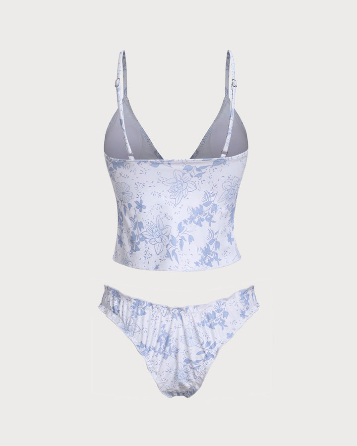 Ensemble de Tankini à Fleurs Bleues avec Nœud à l'Avant