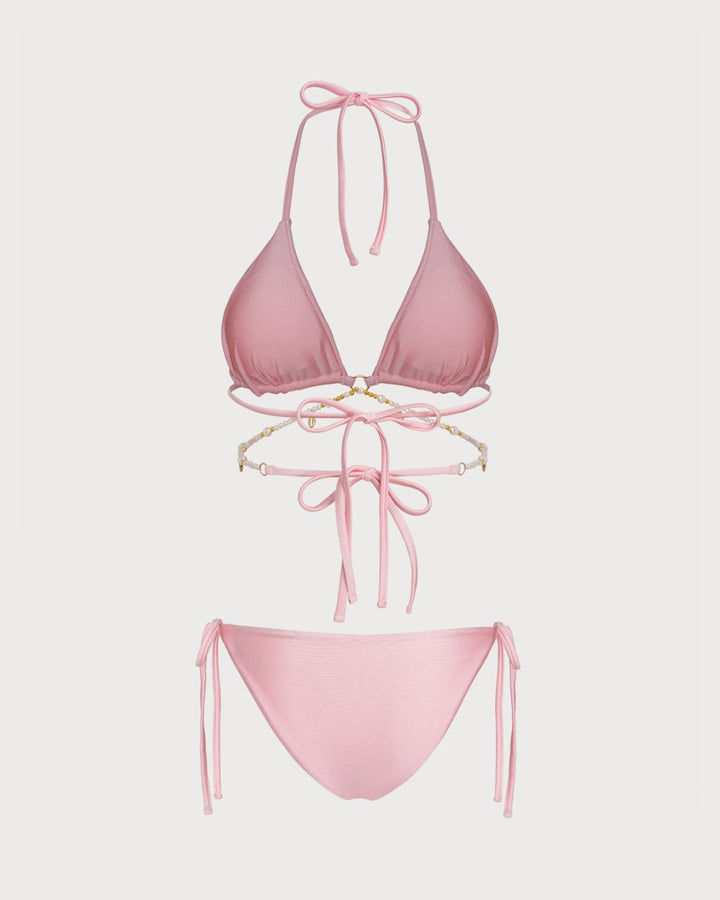 Ensemble de Bikini à Dos Nu avec O-Ring et Cordon de Serrage Rose