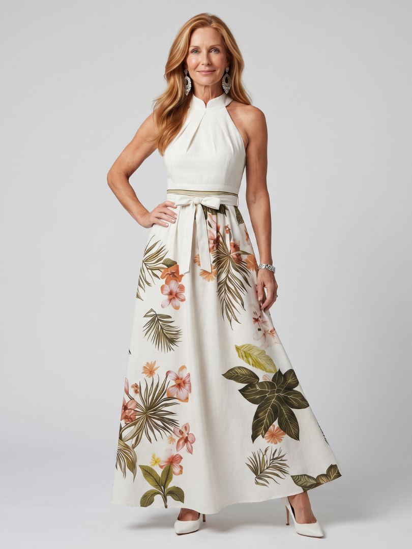 Prairie | Robe maxi à panneau botanique drapée en halter