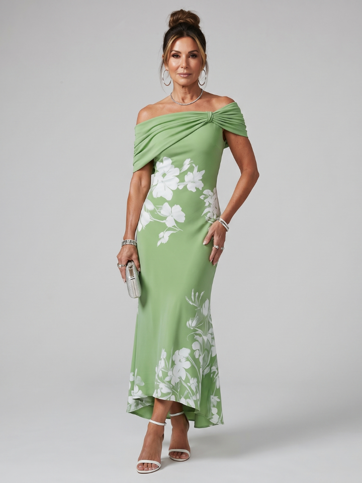 Cosma | Robe Midi à Encolure Drapée Hors Épaule