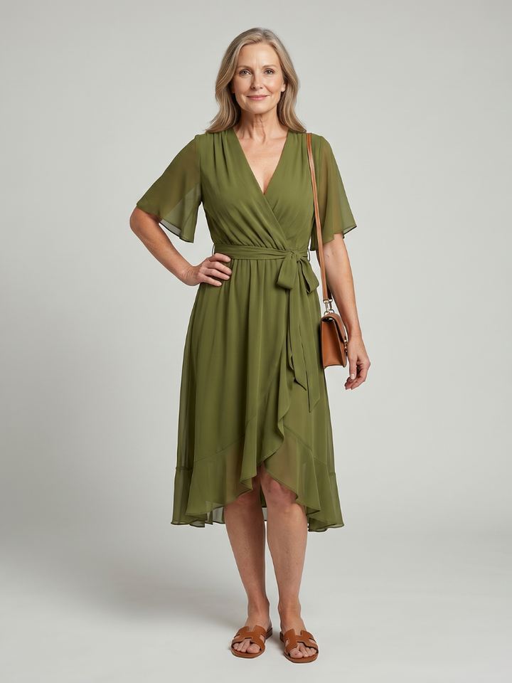 Keziah | Robe Midi à Manches Courtes en Drapé Doux